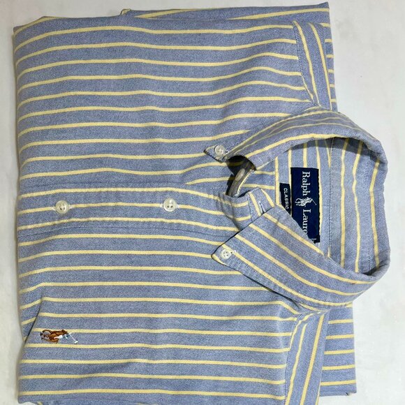 Ralph Lauren Classic Fit Striped Oxford Shirt, Blue with Yellow Stripe SZ Large - Picture 3 of 6